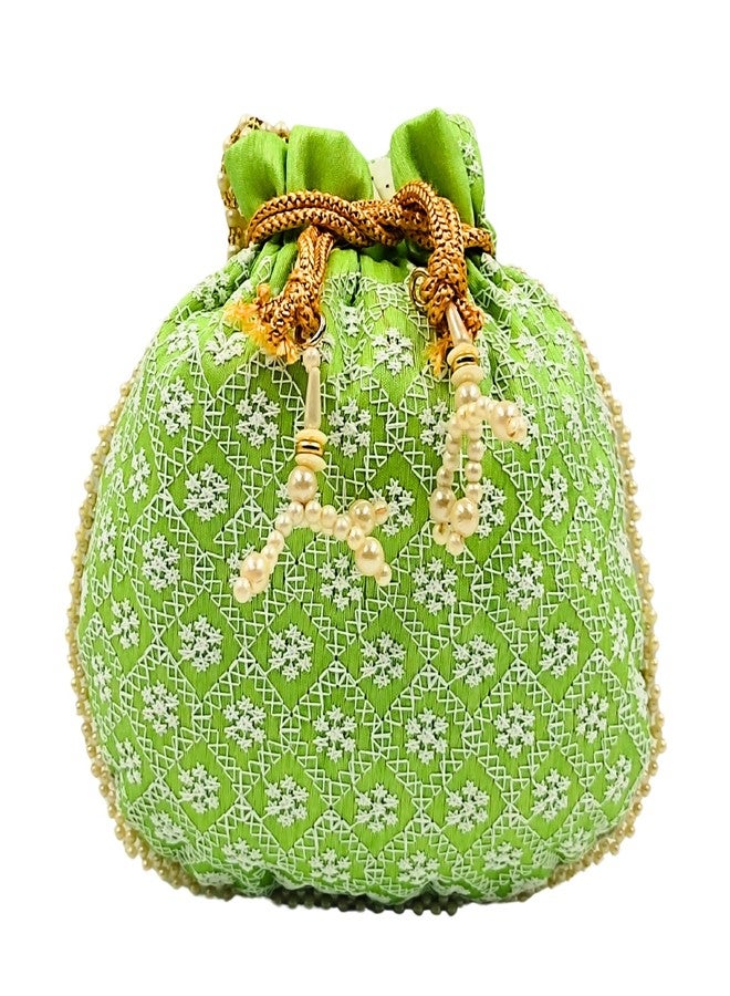 exotique Green Embroidered Potli Bag for Women | Designer Silk Potli with Beaded Handle & Tassels | 8"x0.7"x8.5", Strap Drop 4.5 | Wedding, Bridal & Festive Pouch |HW0021GR - Image 2